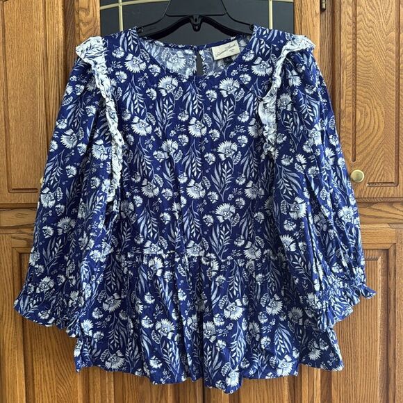 Universal Thread Peplum Blue Floral Balloon Sleeves Blouse with ruffles - Picture 2 of 9